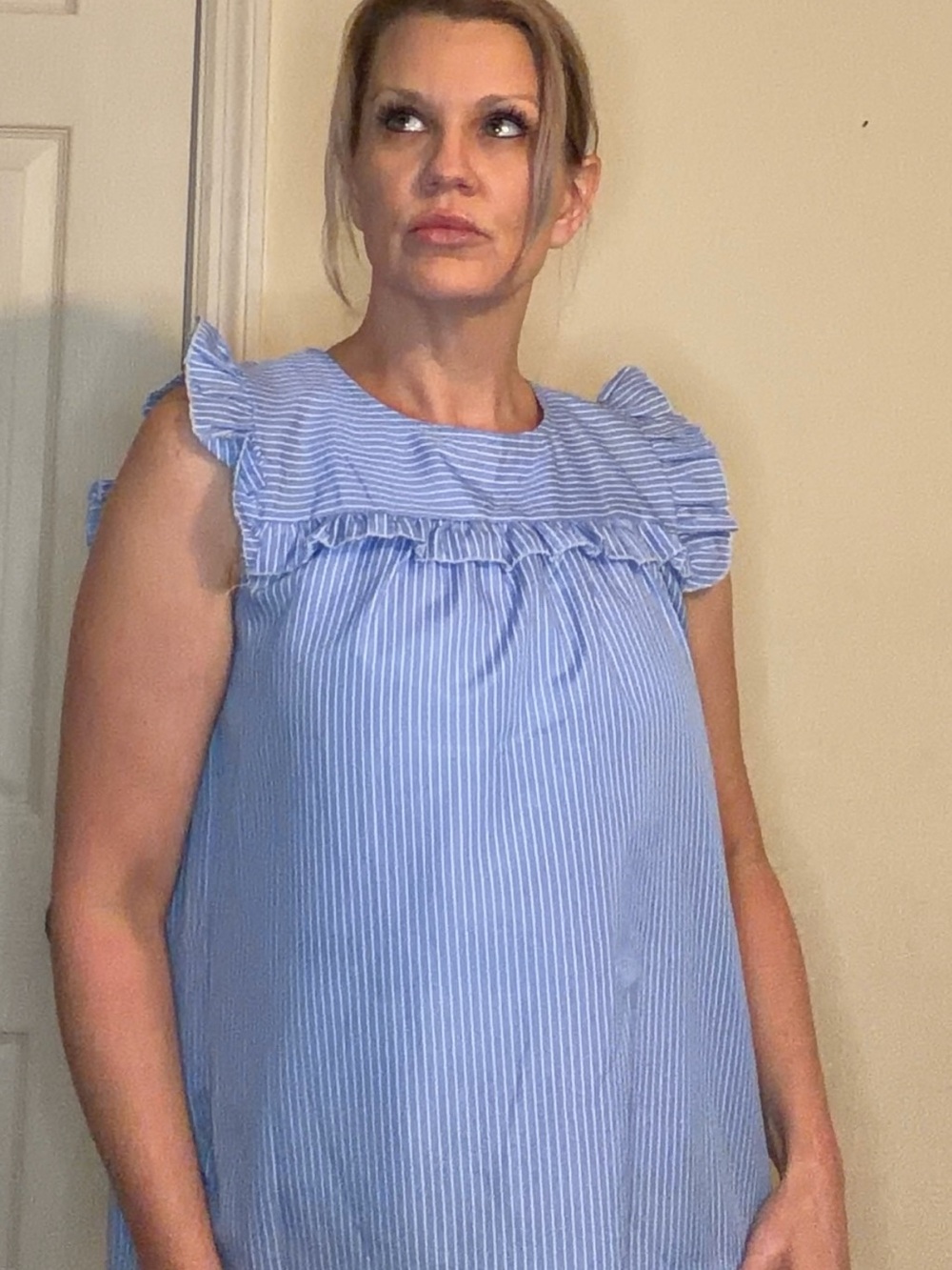 Ruffled Neck Sleeveless Cotton Top - Light Blue Stripe